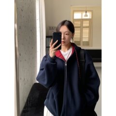 2025秋季美式复古学院风海军披肩领开衫卫衣男女宽松拉链外套潮