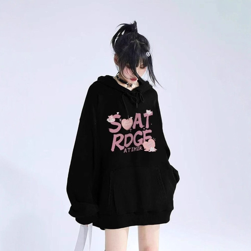 美式印花连帽卫衣女黑色加绒宽松上衣潮流|undefined