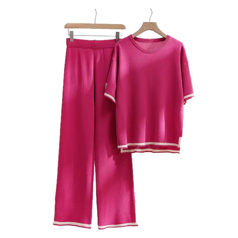 Traje de punto para mujer, estilo retro perezoso, top holgado de cuello redondo, pantalones ajustados de cintura alta, color de contraste, versátil, dos piezas a la moda_voghion.com