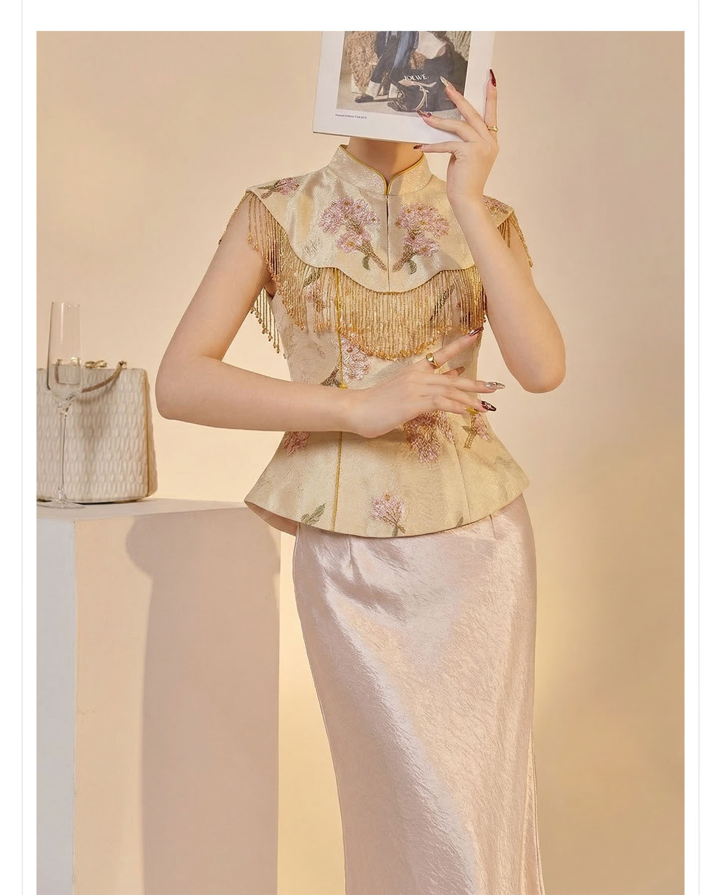 Bộ váy áo không tay thêu hoa kiểu Trung Quốc mới – áo khoác vai + áo gile + chân váy nửa — Mây vai, Trang chủ, Champagne màu nửa váy chi tiết 4