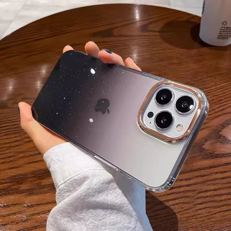 Apple 17 Pro Max用星空グリッターグラデーションスマホケース、iPhone 16用電気メッキレンズリングPC保護ケース|undefined