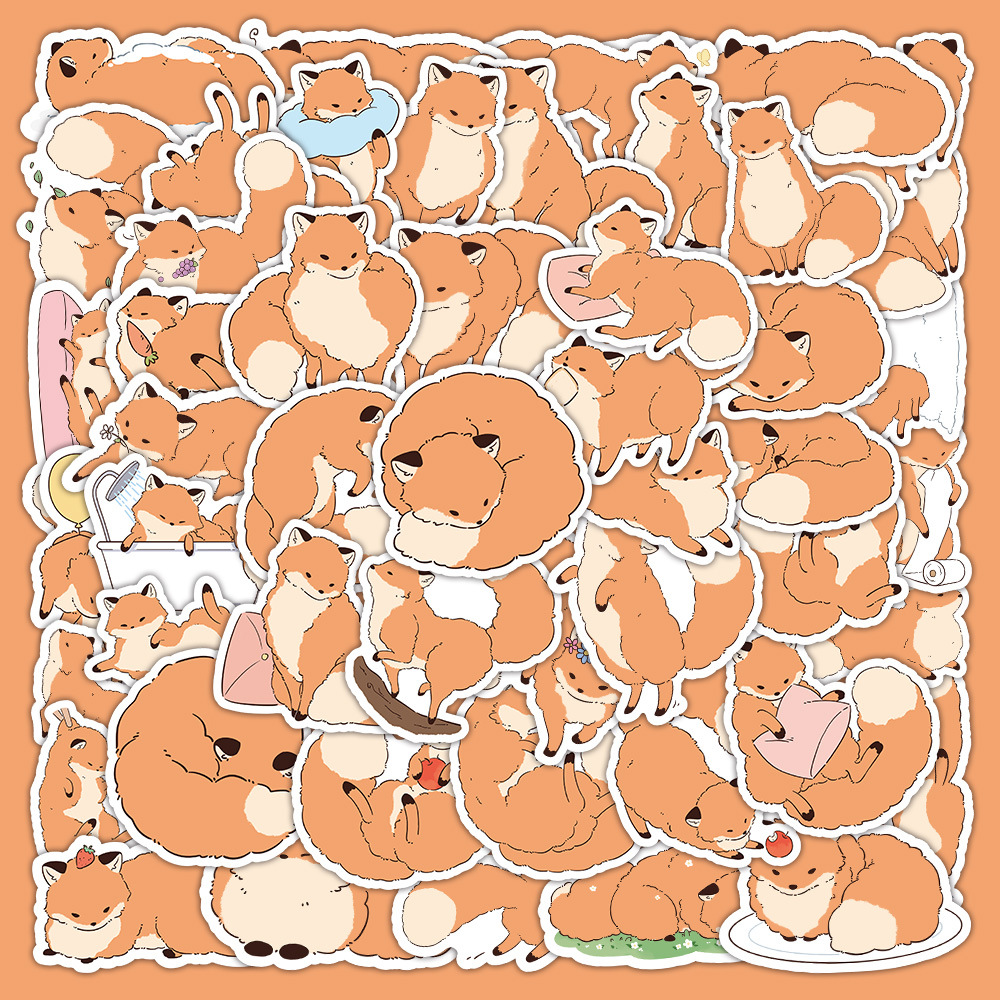 60张原创小狐狸卡通慵懒风小动物装饰手机行李箱水杯防水贴画批发