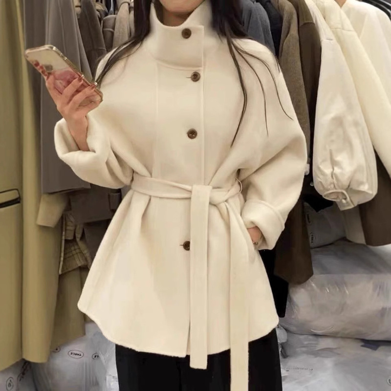 M+ Petite Double-Sided Wool Coat for Women, Mid-Length, Stand Collar, Waist-Cinching, Elegant Style Woolen Coat, Autumn 2024