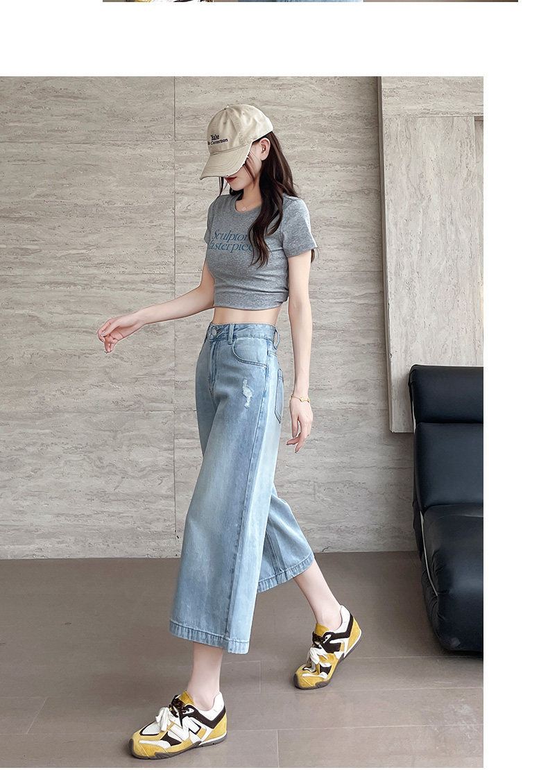 Quần jean nữ ống rộng cạp cao, dáng suông rách gối, chất vải denim mỏng mùa hè — Xanh nhạt 7 phút chi tiết 13