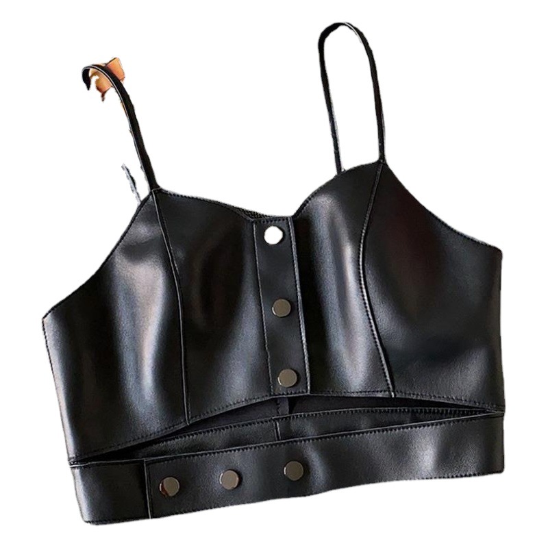 Las niñas de primavera y otoño nuevo retro pu cuero camisola niños de moda de una sola fila oculta hebilla de cuero Chaleco Corto Top moda