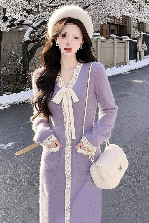 法式名媛小洋装绝美奶呼呼大衣内搭紫色长袖针织连衣裙子女冬