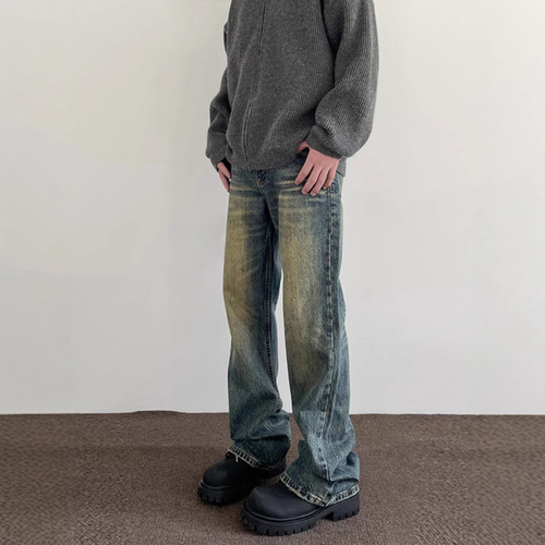 High Street Washed Distressed Men's American Retro Cleanfit Flared Pants Trendy Straight Leg Slimming Long Pants