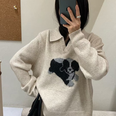 韩系简约休闲穿搭～拉布拉多小狗编织提花polo半开领针织衫上衣女