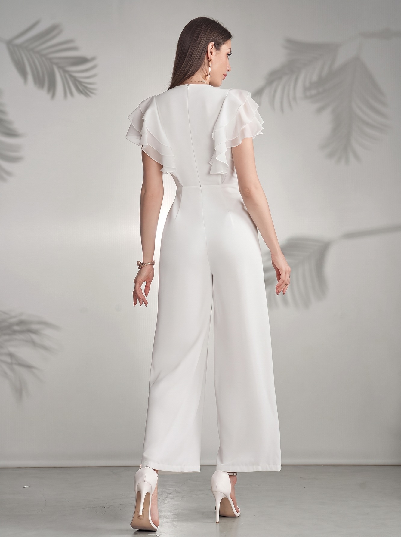 Enterizo Blanco con Volantes para Mujer de Poliéster, Cuello en V, Volantes en Manga, Ajuste en Cintura, para Fiesta image 3