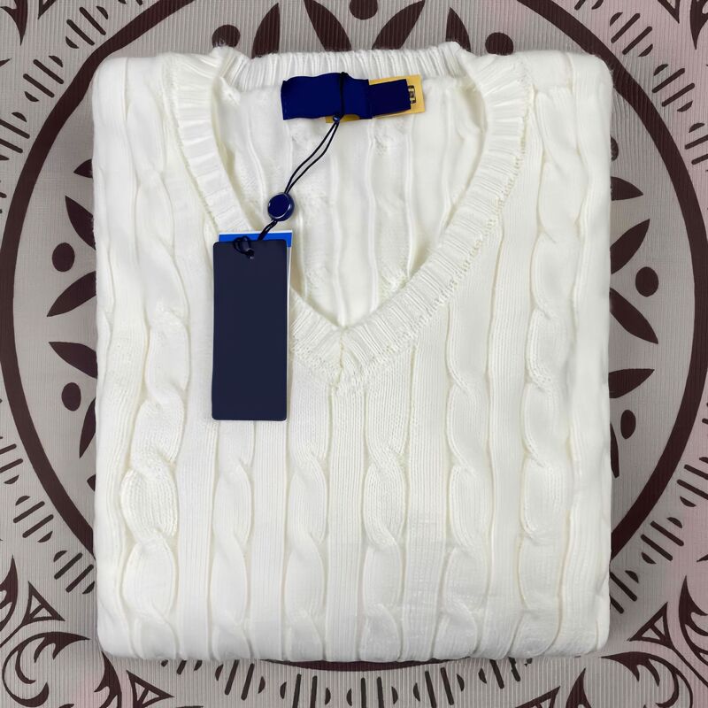 Cross-Border Rl Ralph Lauren Embroidered Logo Small Twist Knit V-Neck Solid Color Sweater Knitwear for Men and Women