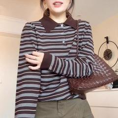 法式撞色条纹polo领长袖上衣女秋季新款洋气高级感百搭休闲上衣