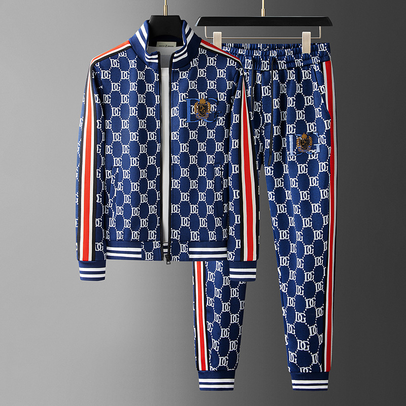 Estación europea de los hombres de otoño e invierno Nuevo traje de jacquard suéter de los hombres marca de moda llena de flores pantalones largos casuales traje de dos piezas de los hombres