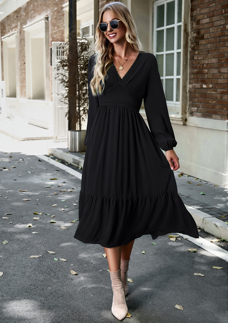 Elegant Printed V-Neck Long Sleeve Midi Dress