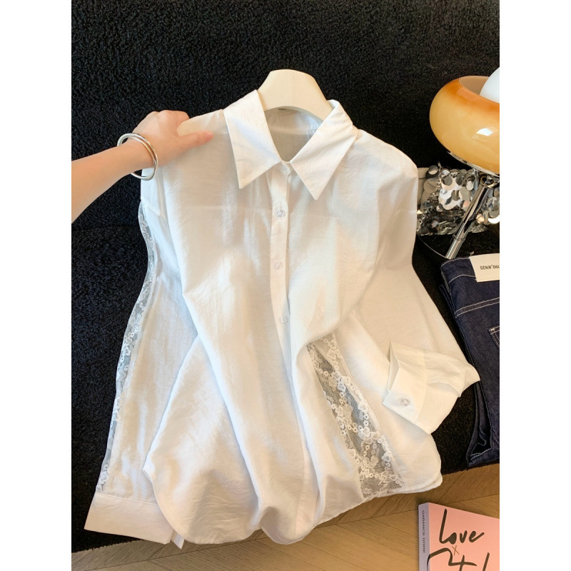Relaxed Fit White Patchwork Lace Embroidered Long-Sleeved Shirt for Women Spring and Summer Thin Sun Protection Shirt Jacket