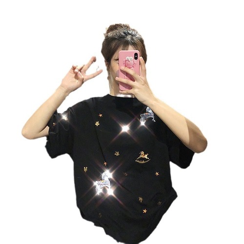 Oversized Women's Hong Kong-style Embroidered Short-Sleeve T-Shirt for Summer 2025, Instagram-Worthy Half-Sleeve Top Perfect for Students Up to 200 lbs