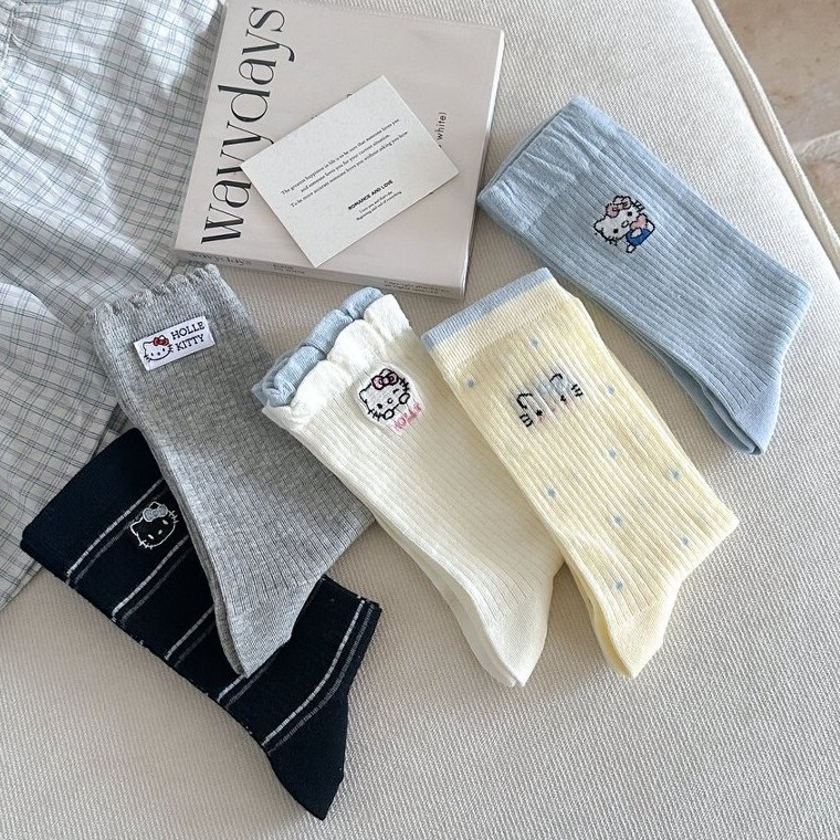 Socks for Women, Sweet and Cute, Embroidered Kitty Socks, Spring and Summer Lace Double-Cuff Korean-Style Women's Socks