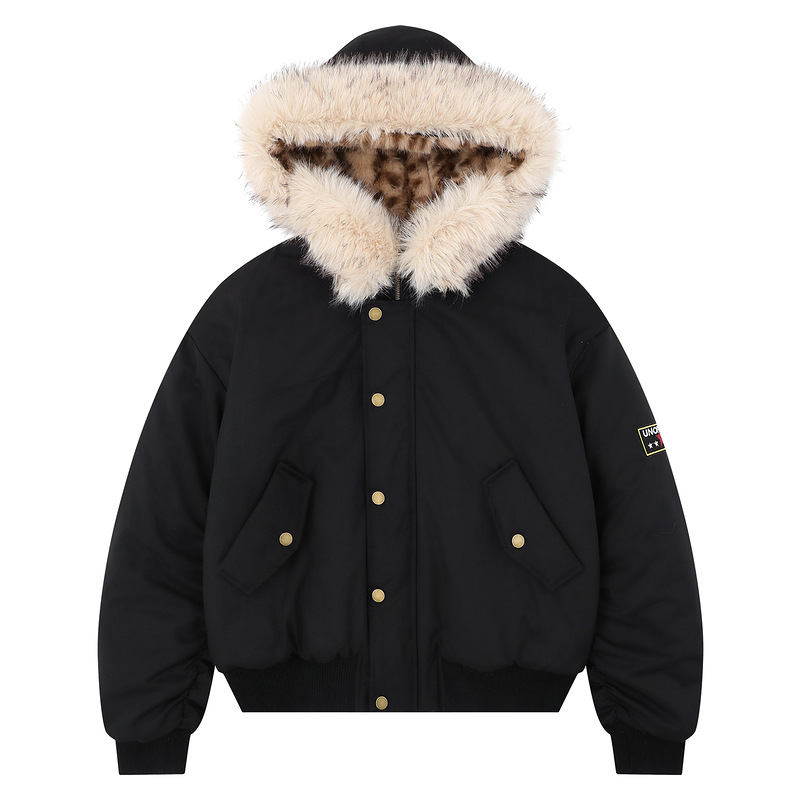 广州衣品座山雕冬季连帽毛领加厚棉服男潮牌飞行员短式工装派克服