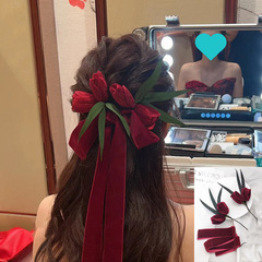 ベルベットローズバッドセット、シンプルでファッショナブルなウェディングドレス、ヘアアクセサリー、赤い花嫁の乾杯ドレス、ヘッドドレス