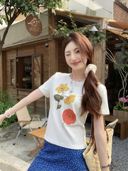 度假风韩系套装女夏季2025新款白色印花T恤高腰碎花半身裙两件套