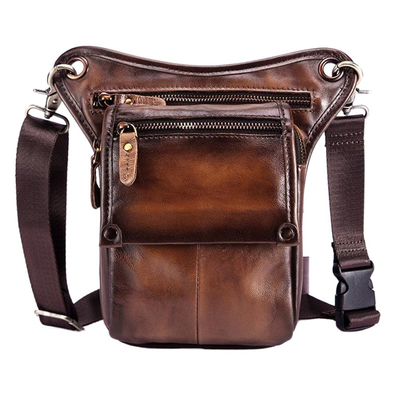 First layer oil wax leather cowhide foreign trade European men's trendy cool mobile phone camera outdoor 8-inch leg bag waist bag 211-4