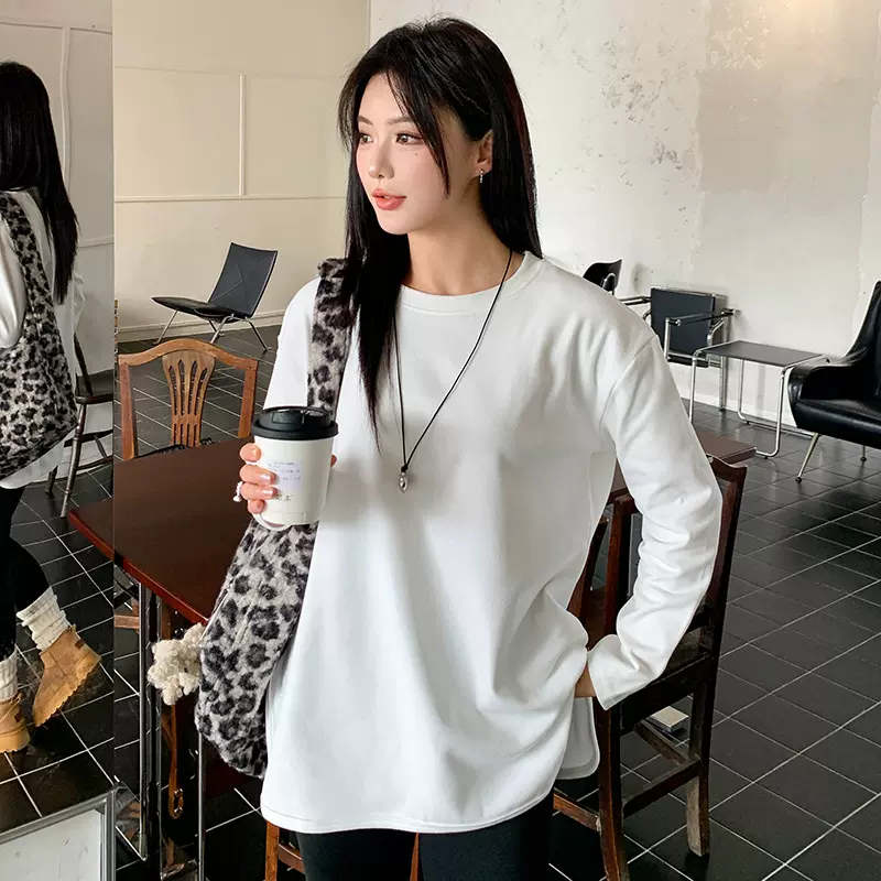 白色弧形开叉长袖t恤女春秋简约宽松大码打底衫内搭纯色体恤上衣