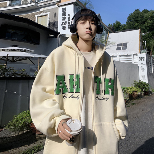 American-style hoodie jacket for men, autumn and winter version, trendy brand, loose, lined, winter hooded zipper cardigan garment