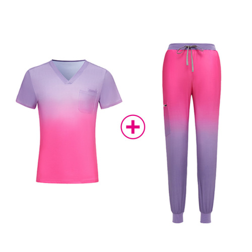 Women's and Men's Medical Surgical Scrub Set, Clean Short-Sleeve Graduated Color Nurse Uniform Top and Bottom Two-Piece Set
