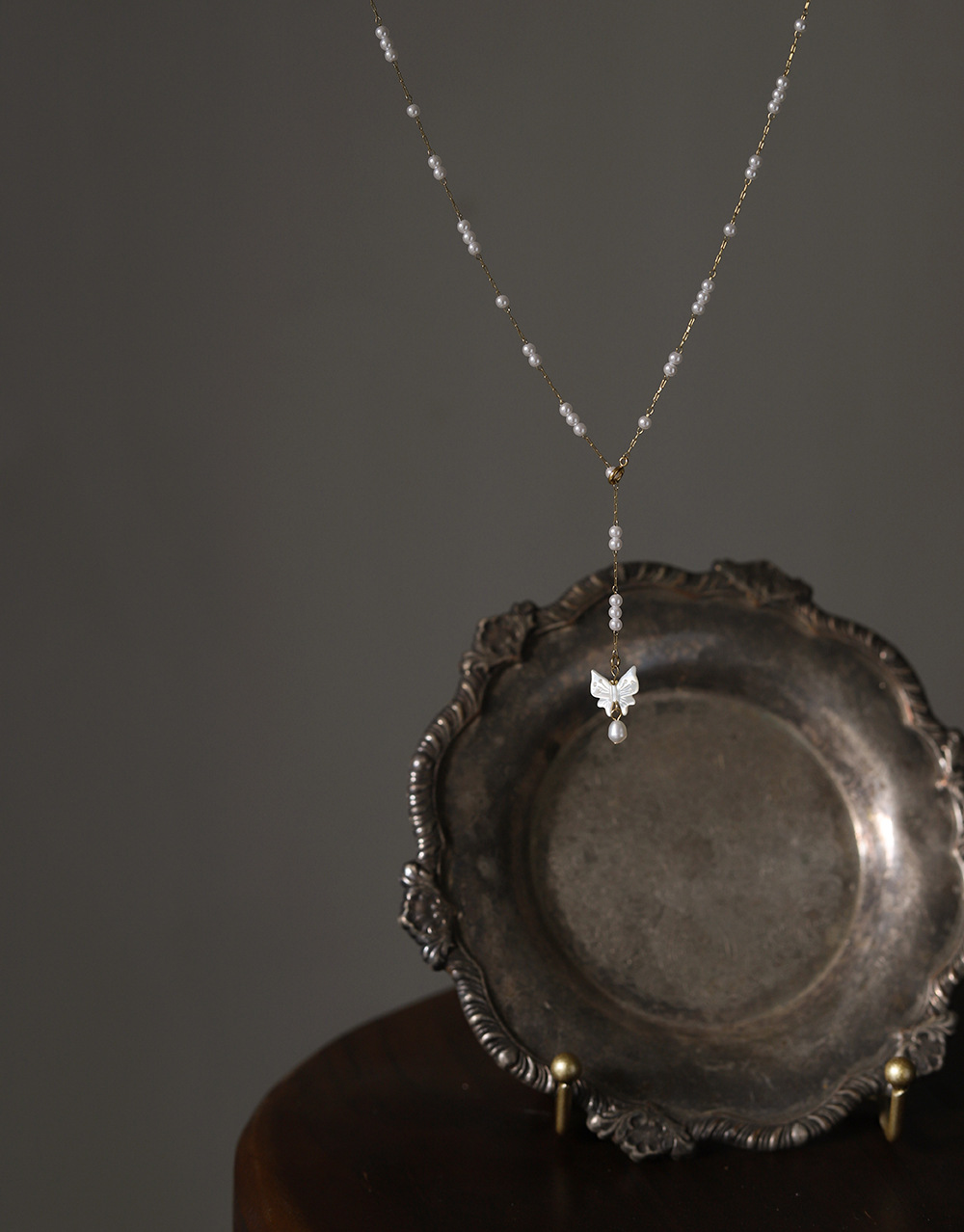 Fashion Butterfly Long Pearl Tassel Titanium Steel 18K Gold Necklace_colorza_1