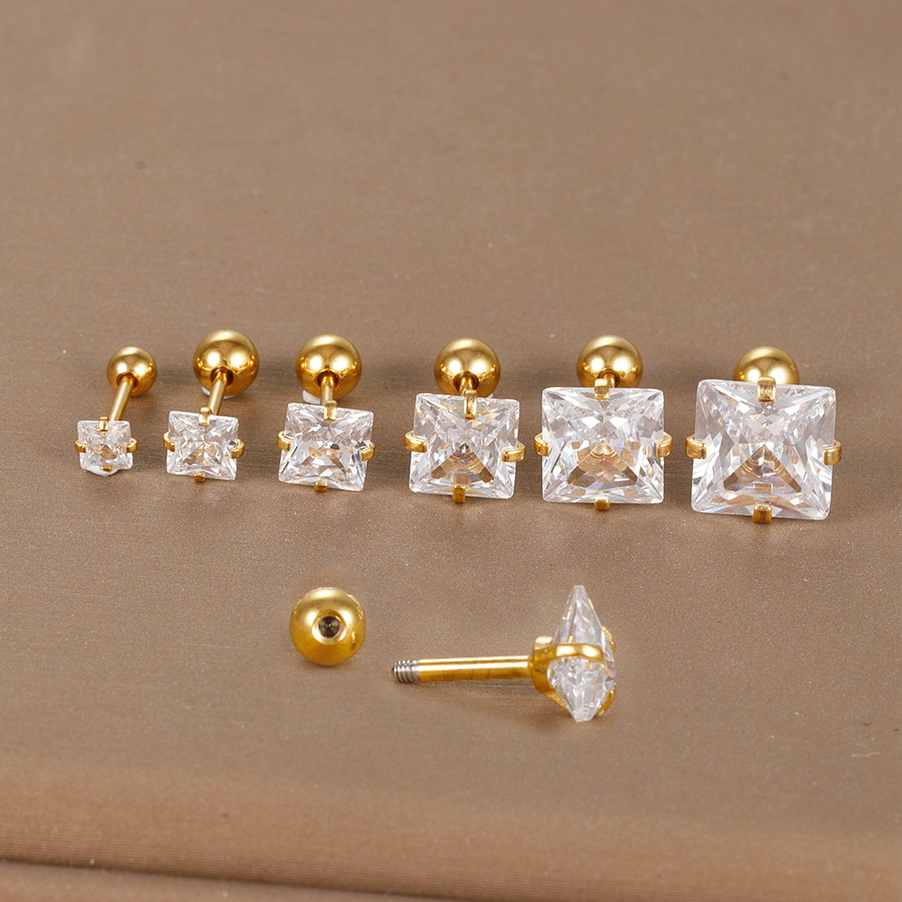 5g Weight straight barbell Piercing needle type Zircon Inlay Material Ear Studs Classification 1 Piece Quantity Daily, Street Occasion Stainless Steel Material Square Pattern Women's Gender Plating, Inlay Design Simple Style Style 1 Piece Simple Style Square Plating Inlay Stainless Steel Zircon Ear Studs 无