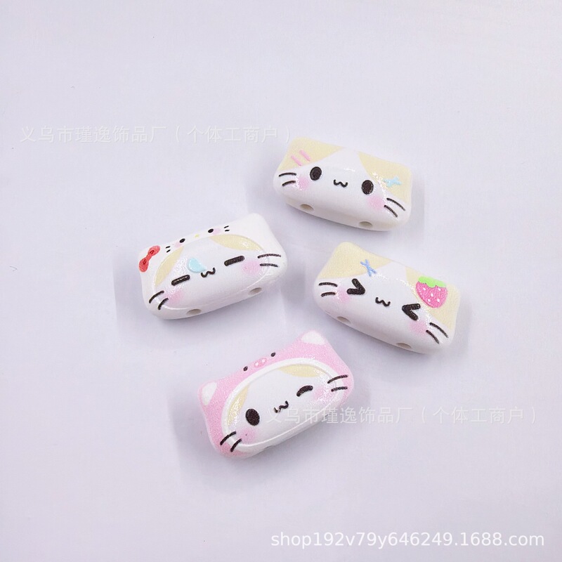 Double-Hole Embossed Printed Kt Cat with Various Expressions, Bow, Strawberry, Cat Beads, DIY Phone Chain Accessories Double-Hole Embossed Printed Kt Cat with Various Expressions, Bow, Strawberry, Cat Beads, DIY Phone Chain Accessories