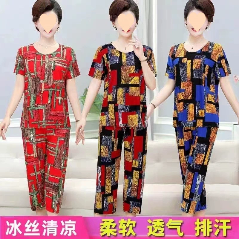 Летний костюм из ледяного шелка для женщин среднего и старшего возраста, короткий рукав, новый стиль 2025 года, для мамы, бабушки, двухкомпонентный