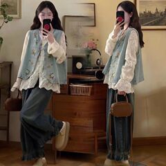 2025春季新款显瘦牛仔马甲蕾丝衬衫白色上衣阔腿裤大码三件套装女