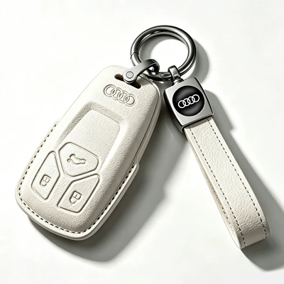 Audi A4L car key case Q5L/A5 special A6L/A3/Q3/Q2L protective cover A7L men's q4etron case (Car key bag) - type-a-white-leather-case-elastic-loop-leather-cord-key-holder
