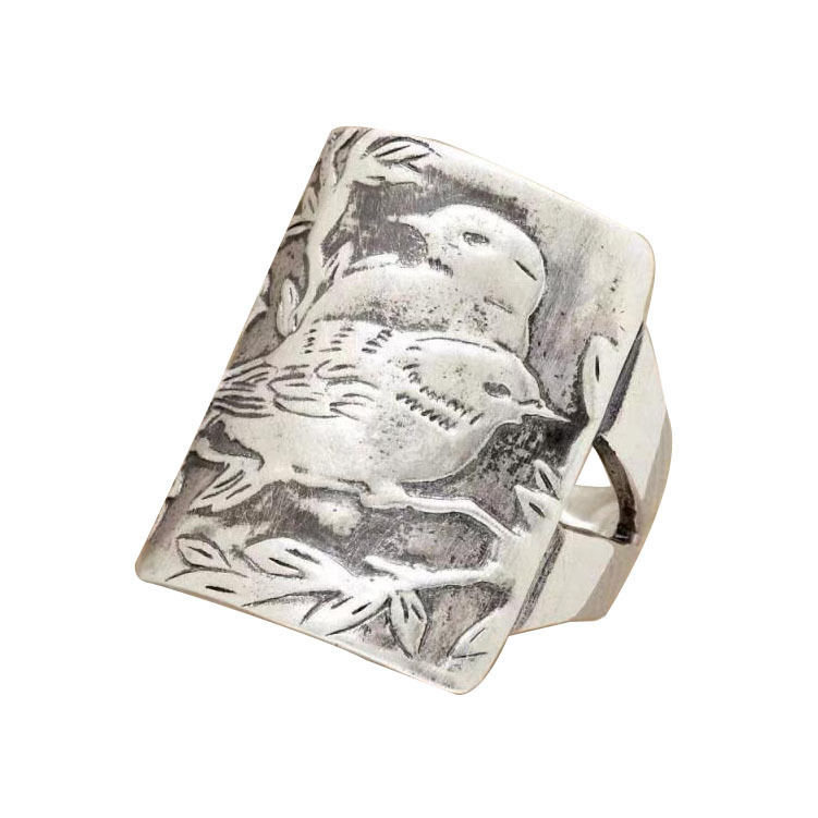 HUAJIE 국경 보석 조각 고대 실버 새 대나무 반지 복고풍 스타일 남성과 여성의 반지 공장 직접 판매