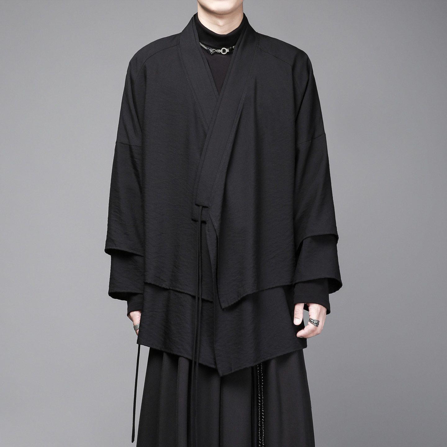 Men's Hanfu Chinese-style spring vintage robe, mid-length Zen tea robe, loose-fitting diagonal-collar robe