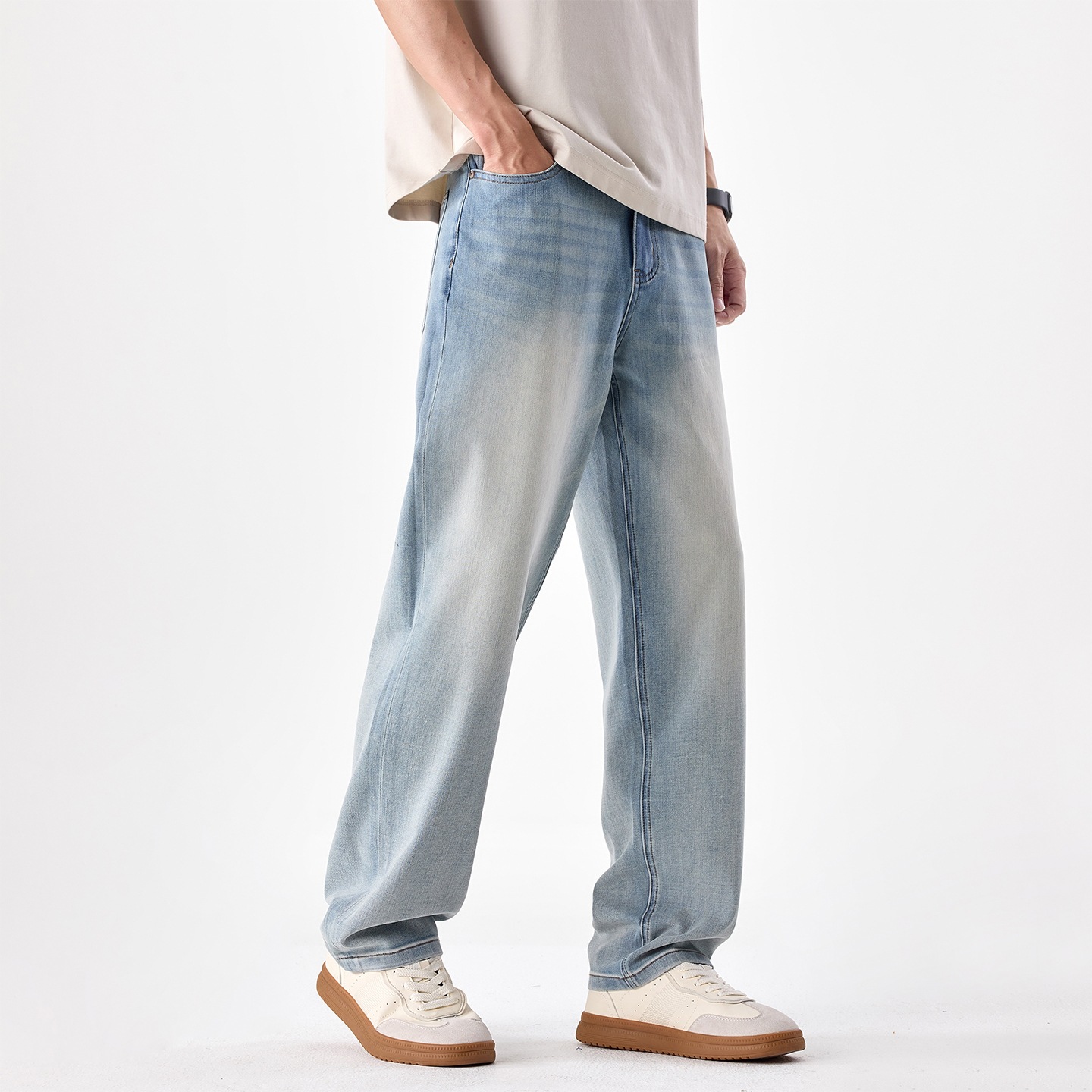 Pantalones Jeans Rectos Elásticos para Hombre de Algodón Alta Elasticidad Lavado para Ocio image 2