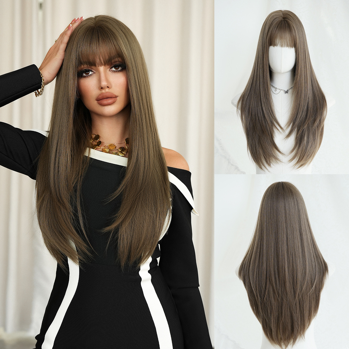 Peruca de moda femenina cara redonda capa de cabello recto super largo cabello negro completo peluca de alta calidad fibra química cubierta de cabeza