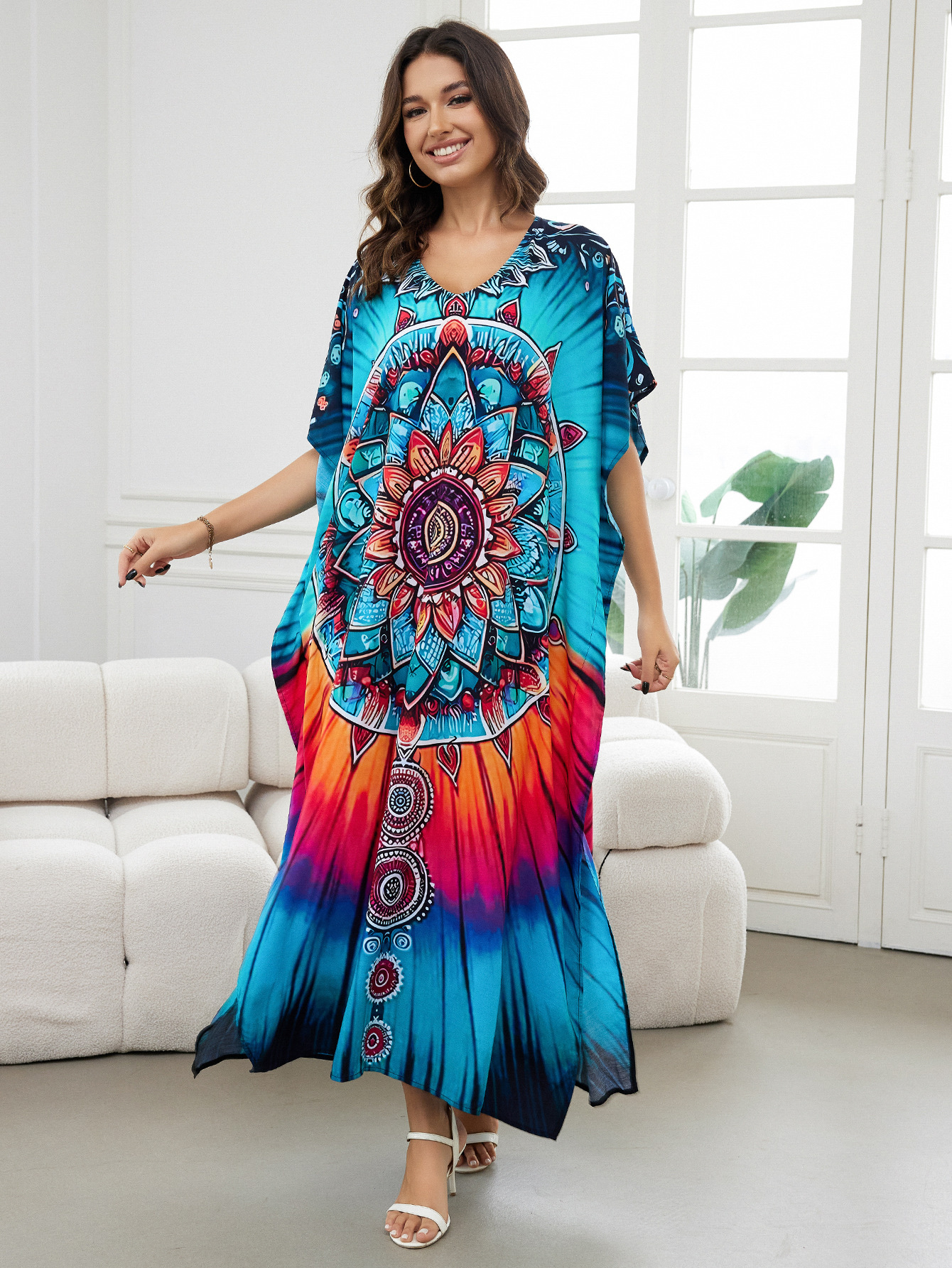 Rochie de plajă lungă kimono dama boho viscoză tie-dye_voghion.com