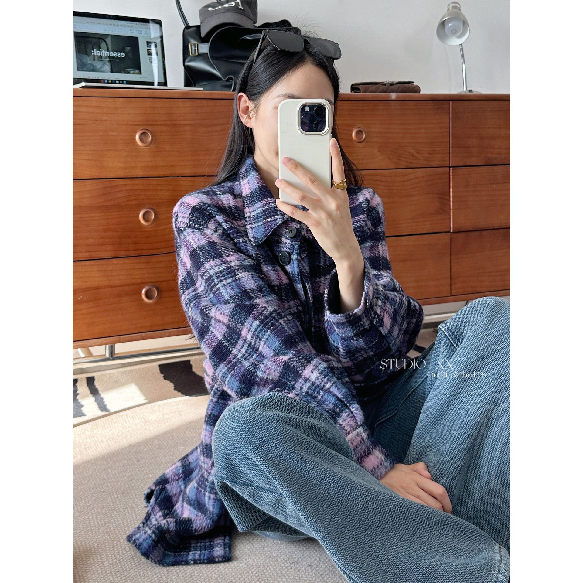 AC old channel! Colorful Plaid Circle Yarn Cocoon Mid-length Lapel Wool Shirt Coat Women's Autumn and Winter