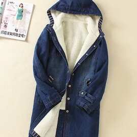 秋冬女装韩版加厚牛仔棉衣中长款女大码加绒棉袄连帽棉服牛仔外套