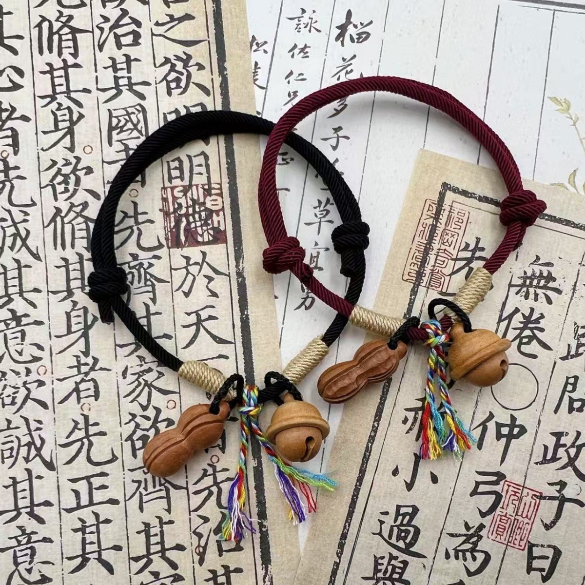 Xizang Style Bracelet Good Luck Bell Original Bracelet Peach Wood Red Rope Weaving Adjustment Ethnic Good Things Peanut Couple Gift