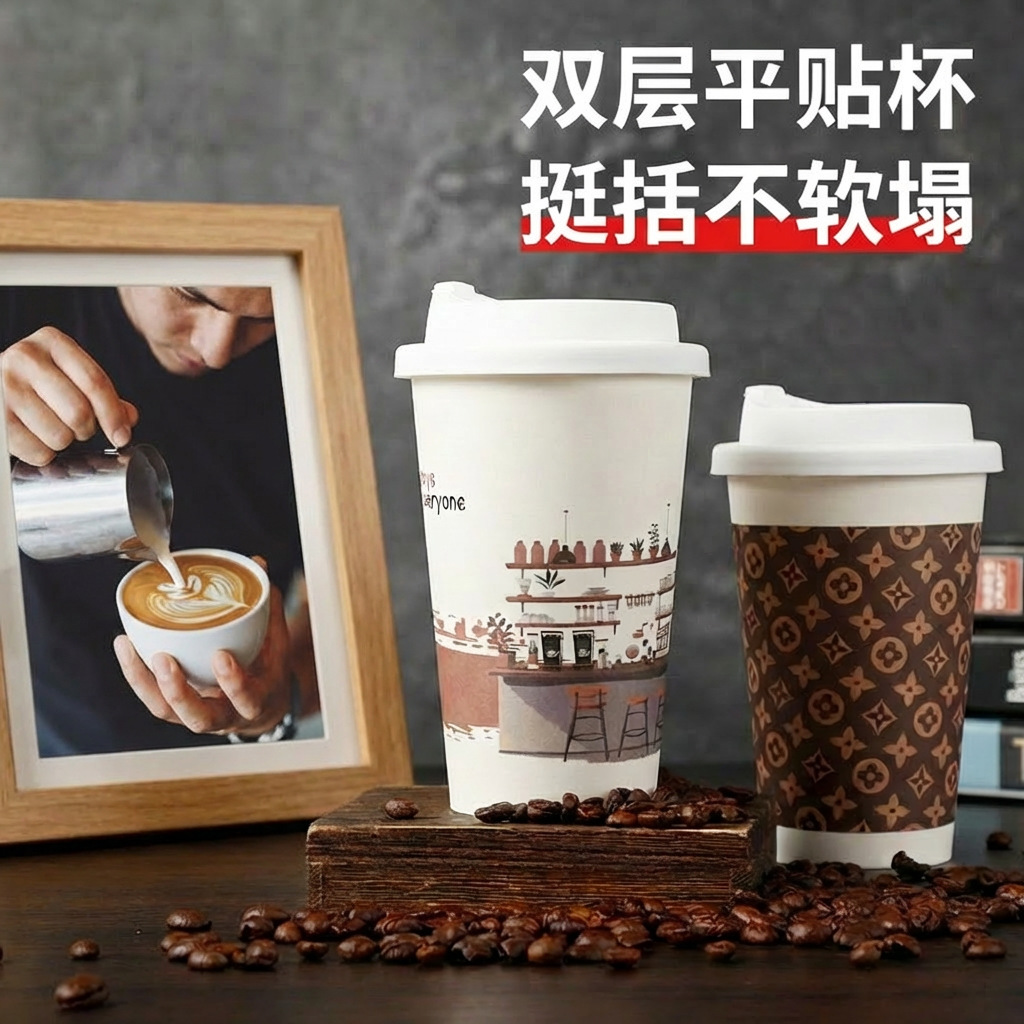 Taza de papel desechable para bebidas frías y calientes gruesas de grado alimenticio para llevar empaquetado comercial de 500ml taza de café con tapa