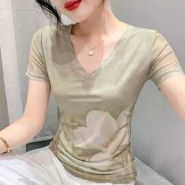 中式优雅大花朵V领短袖上衣轻熟风气质百搭古典端庄修身t恤可代发