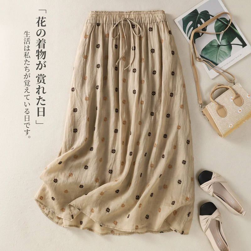 Юбка из рами с высокой талией и вышивкой, свободная художественная подкладка, тонкая юбка трапециевидной формы для женщин, юбка средней длины во французском стиле ретро