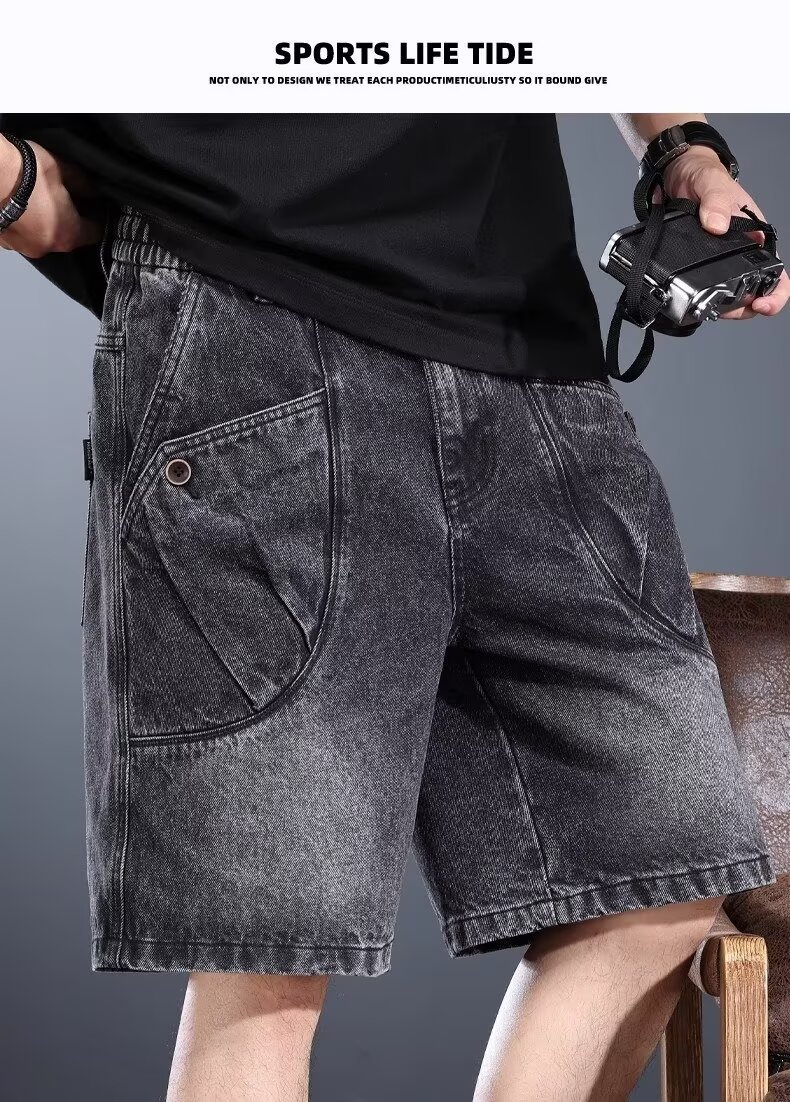 Men's Washed Denim Cargo Shorts Loose Fit Retro Streetwear Style_voghion.com