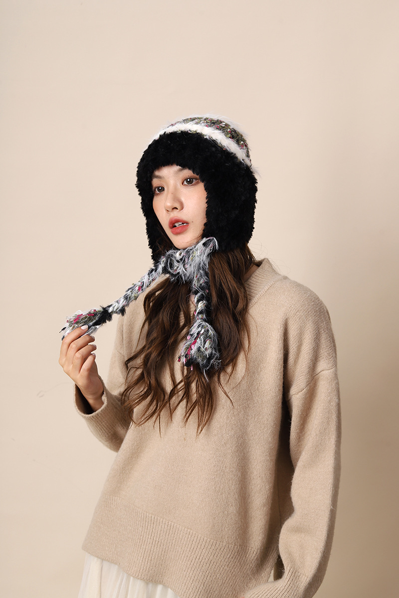 Cappello di lana lavorato a maglia con lacci colorati per donna autunno inverno nuovo caldo protezione per le orecchie e fascia per la testa a strisce colorate_voghion.com