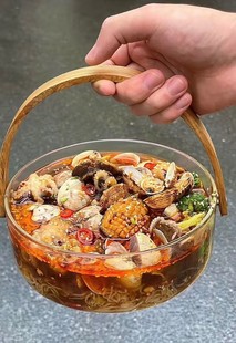 Portable Glass Ice Bucket High Borosilicate Bamboo Handle Glass Fruit Basket