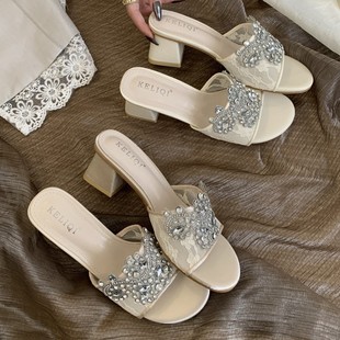 2025 European and American Mesh Bow Bright Diamond High-Heeled Sandals Fairy Pointed Toe Open-Toe Crystal Heel Strap Sandals