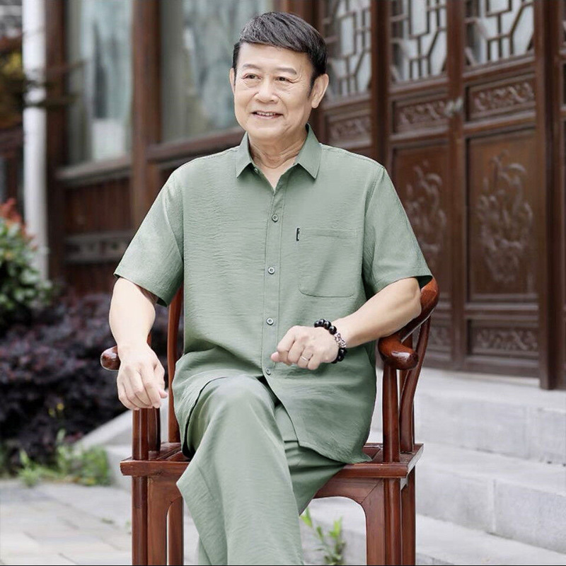 Dad Ice Silk Short-sleeved Shirt Men's Suit Summer Middle-aged Men's Casual Clothes Middle-aged Grandpa Thin Shirt Dad Ice Silk Short-sleeved Shirt Men's Suit Summer Middle-aged Men's Casual Clothes Middle-aged Grandpa Thin Shirt