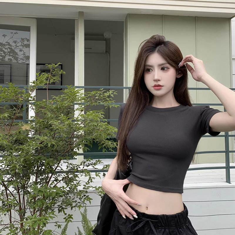 High-waisted short sleeve crop top with back cut-out, women's tight French-style solid color base layer summer new top Instagram style